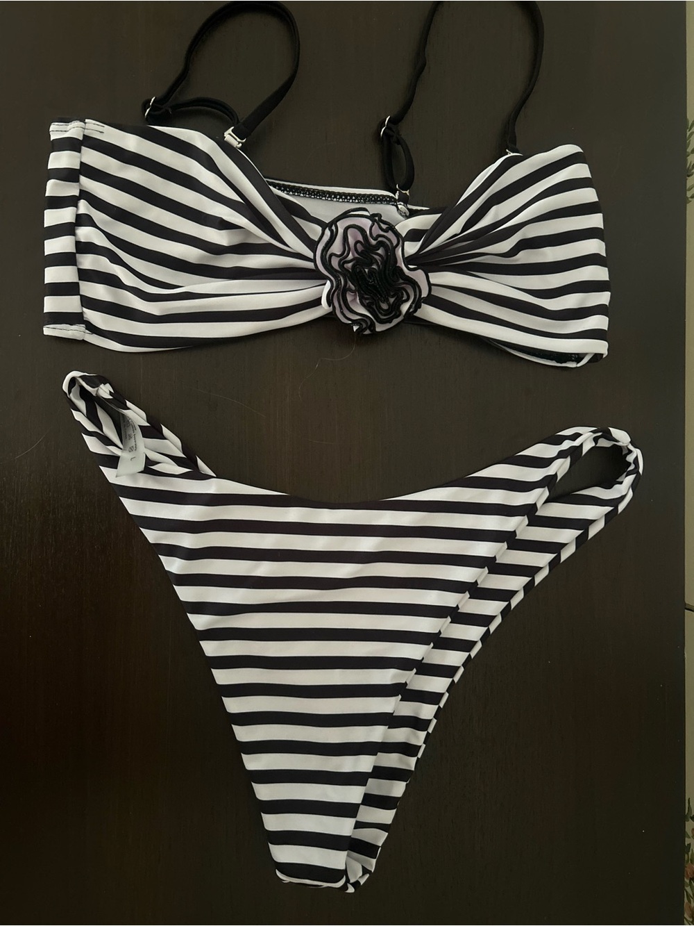 SHEIN Black and White Striped Bandeau Bikini Set